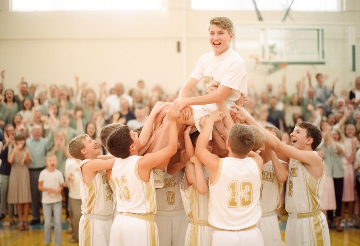 A youth basketball team lifting a teammate