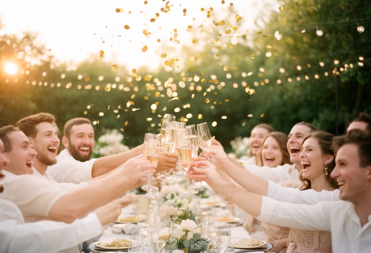 Friends raising a toast under gold confetti