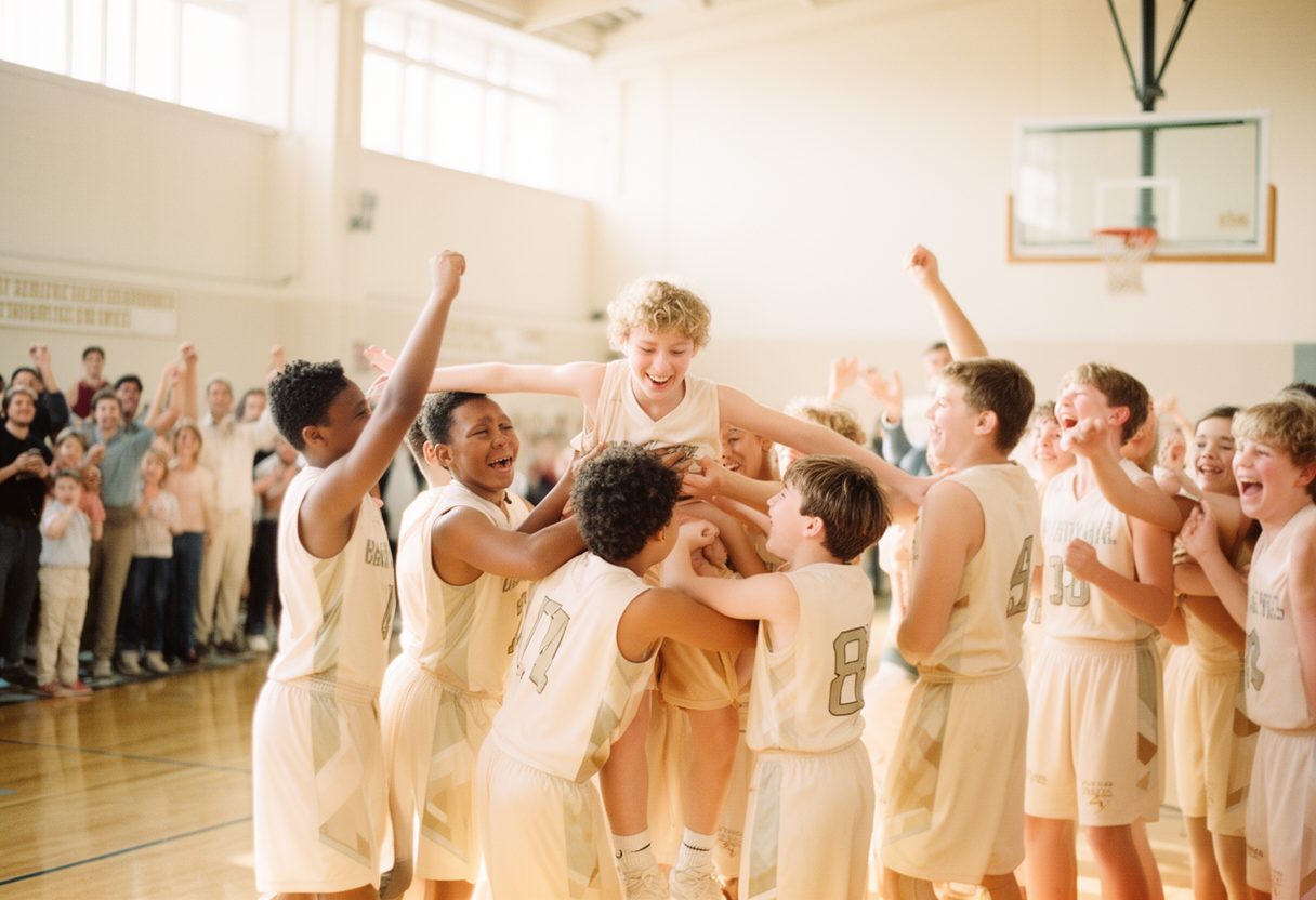 A youth basketball team celebrating a win