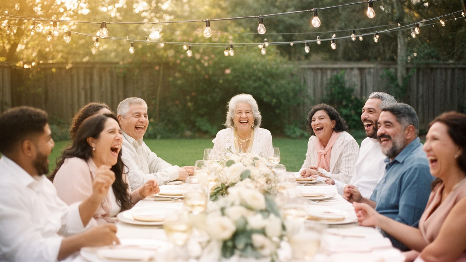 A multigenerational backyard dinner under string lights