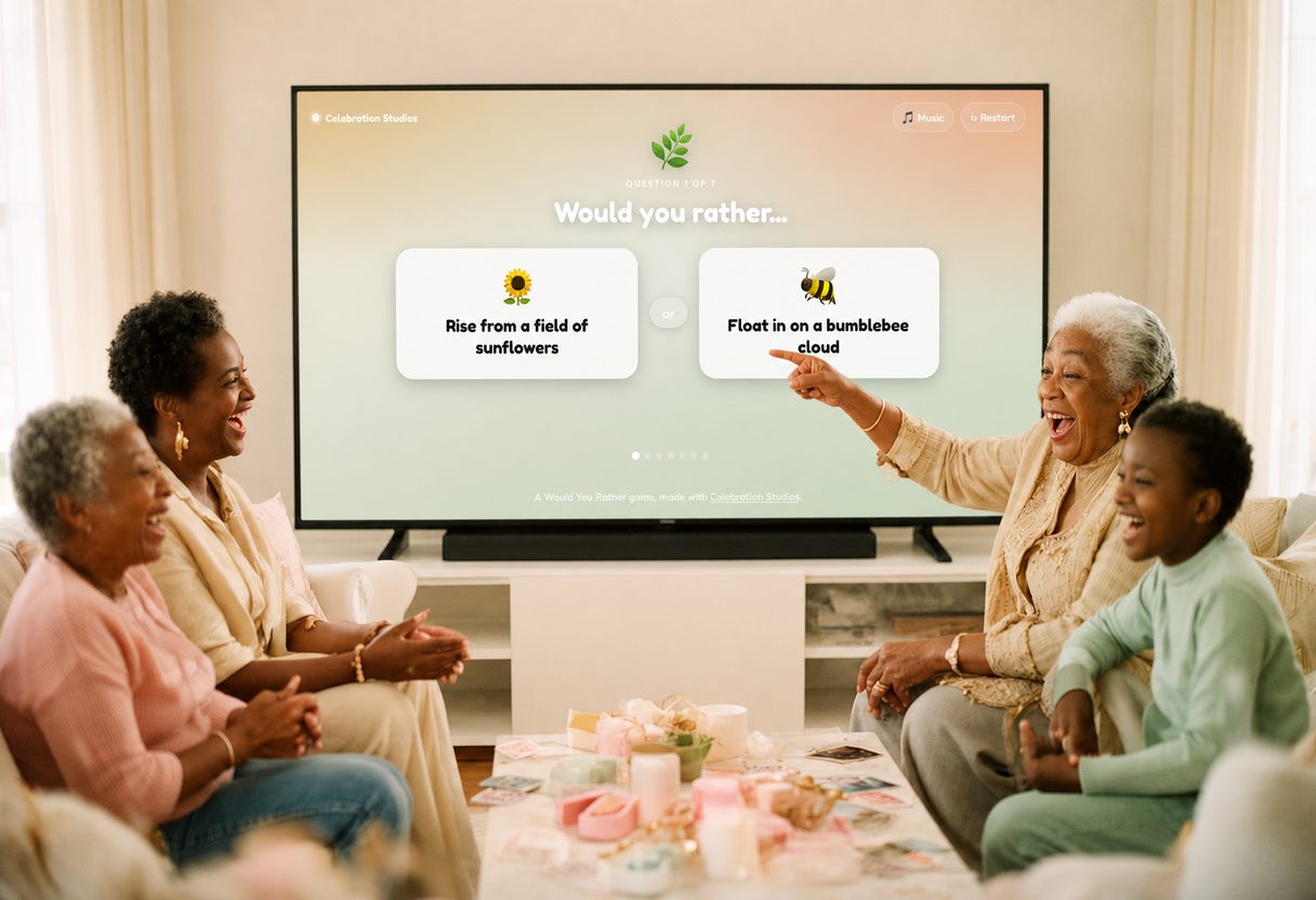 Three generations playing a party game on the living room TV