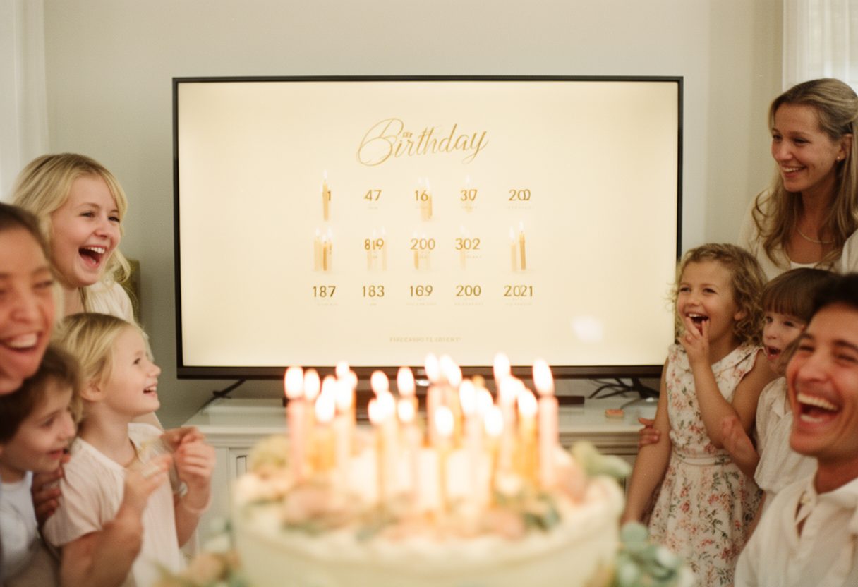 A birthday cake with candles matched by a countdown on the TV
