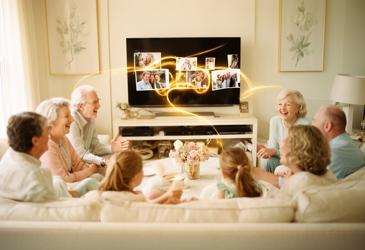 A family telling stories as a golden thread weaves between photos on screen