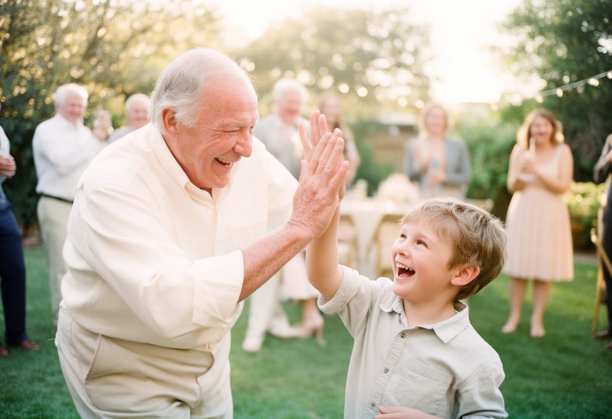 A grandfather high-fiving his grandson
