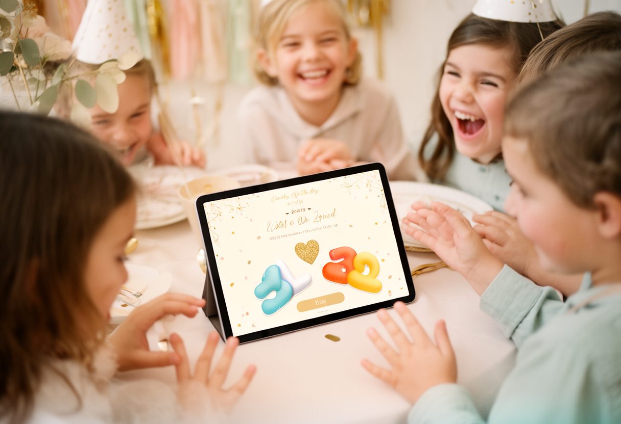 Children playing a game on a tablet at a party table