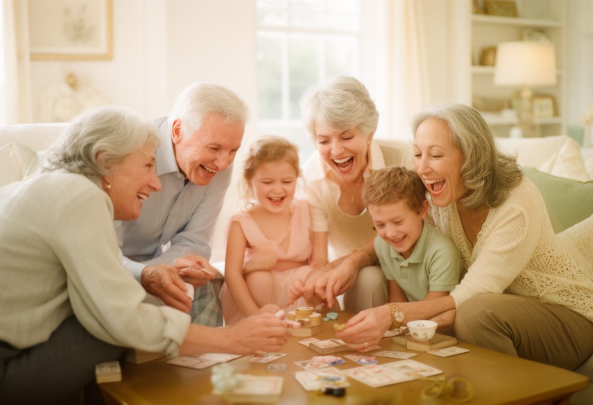 Three generations playing a game around a coffee table