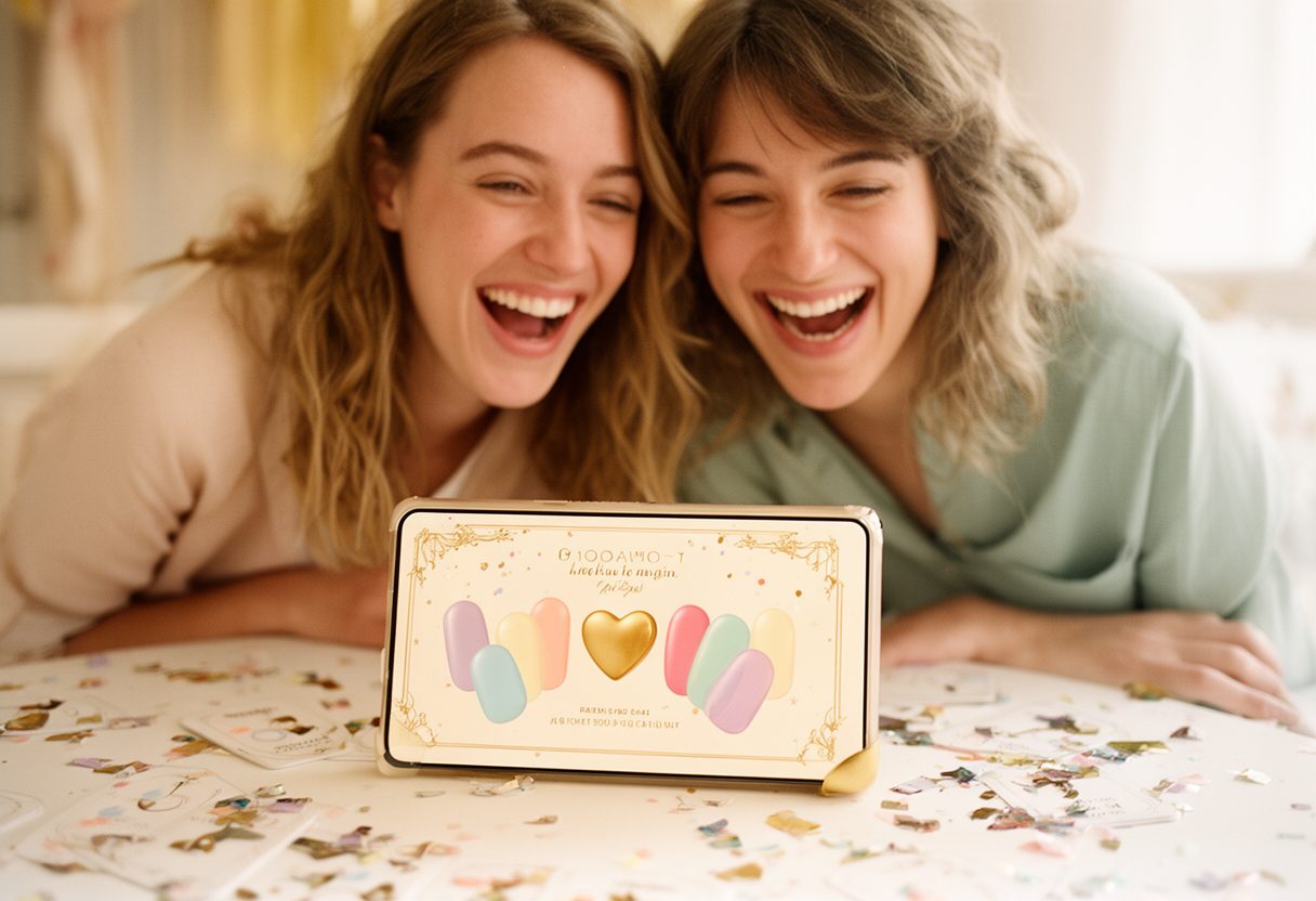 Friends laughing over a phone at a party