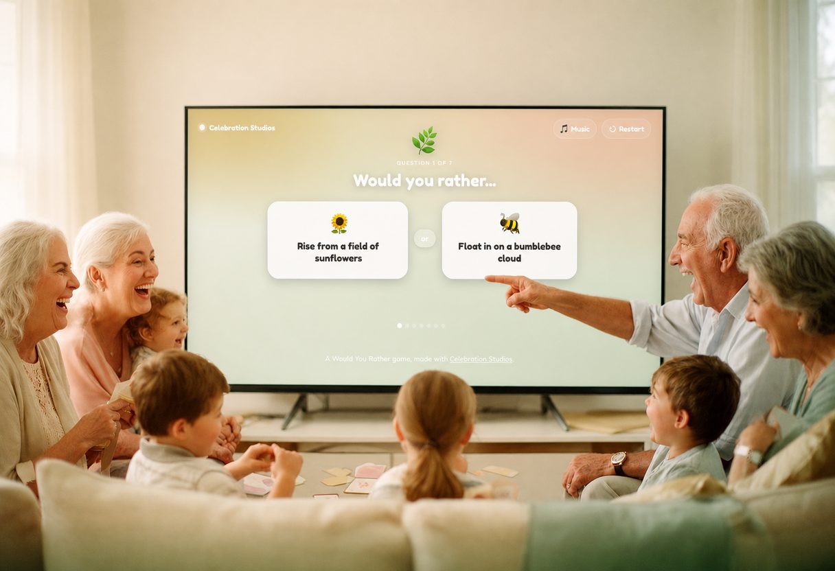 A multigenerational family playing a trivia game on their living room TV