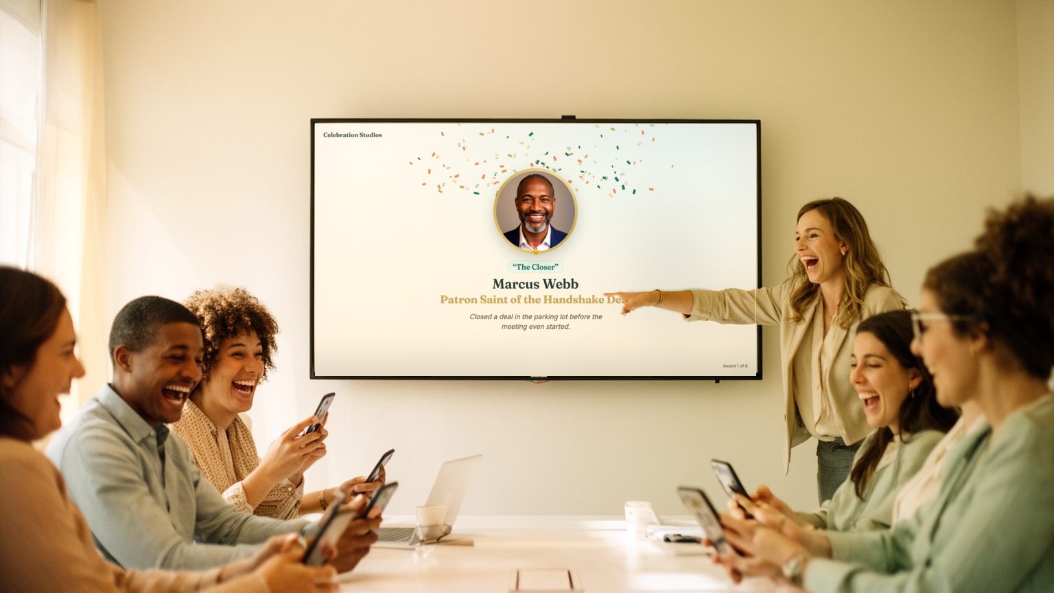 Colleagues in a conference room playing a party game together on the wall-mounted TV
