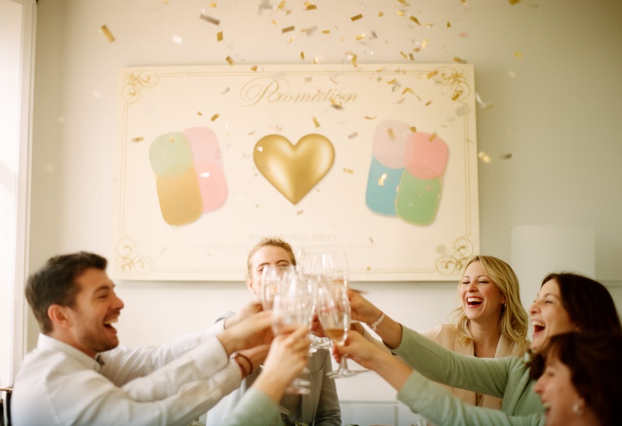 A team toasting a colleague's promotion in the office