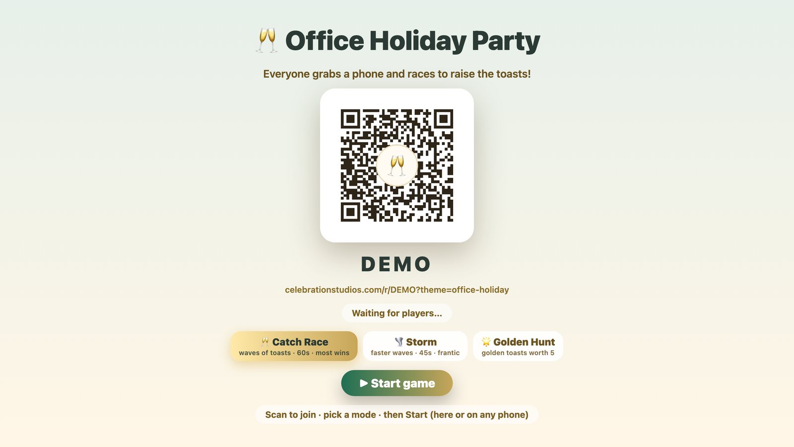 The party display: a join code and a scannable QR on the TV, with the game modes underneath